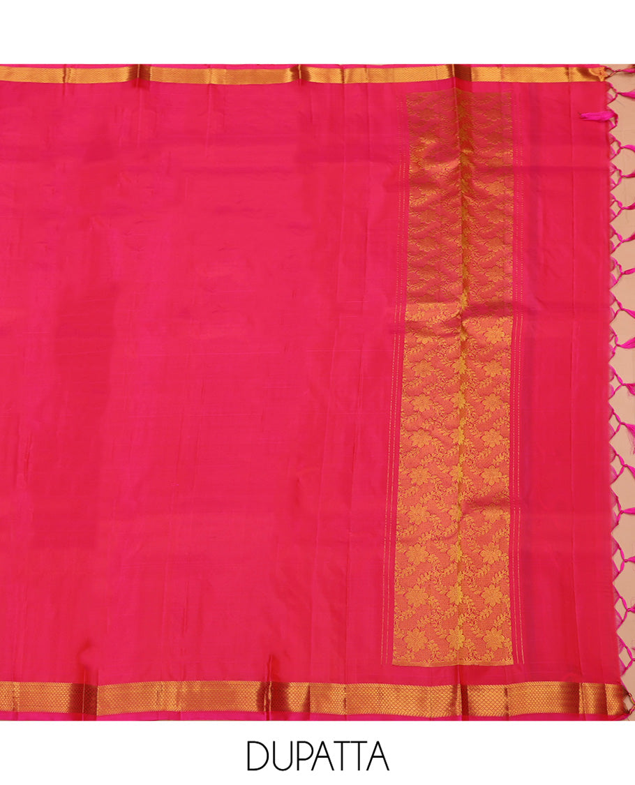Gold Pure Silk Half-Saree, Spotlighted with Zari Buttas All Over Its Skirt, Complemented by Contrast Border of Jaal and Chakram Designs, Paired with a Contrast Blouse, and Comes with a Floral Design Dhavani