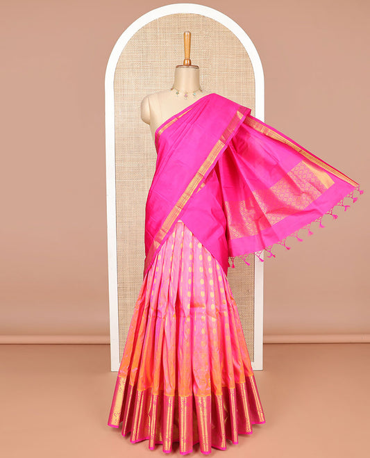 Pink buttas silk half saree with contrast border of banaras, manga design,zari design blouse & zari design border dhavani