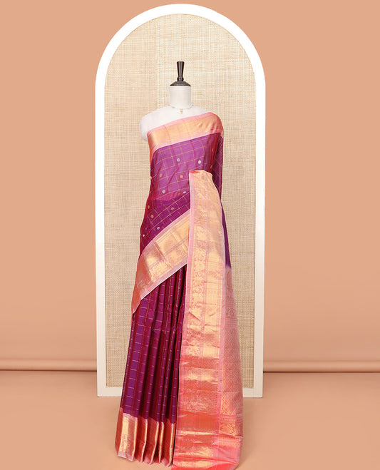 Purple Gadwal Saree Features Zari Butta Enclosed Checks, a Contrast Traditional Zari Design Border, Pallu of Jaal Design, and a Contrast Blouse Festooned with Zari Designs