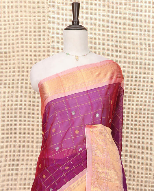 Purple Gadwal Saree Features Zari Butta Enclosed Checks, a Contrast Traditional Zari Design Border, Pallu of Jaal Design, and a Contrast Blouse Festooned with Zari Designs