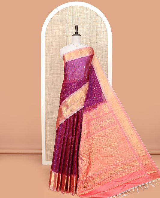 Purple Gadwal Saree Features Zari Butta Enclosed Checks, a Contrast Traditional Zari Design Border, Pallu of Jaal Design, and a Contrast Blouse Festooned with Zari Designs