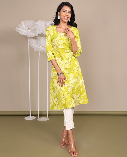 Green Floral Printed Below-Knee-Length Cotton Kurti, Featuring a Round Neckline, 3/4 Sleeves, and A-Line Cut