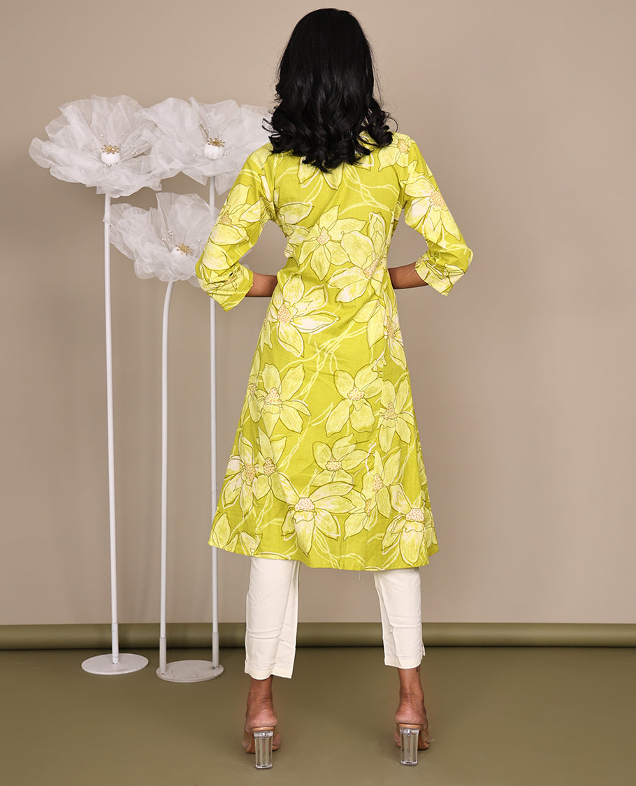 Green Floral Printed Below-Knee-Length Cotton Kurti, Featuring a Round Neckline, 3/4 Sleeves, and A-Line Cut