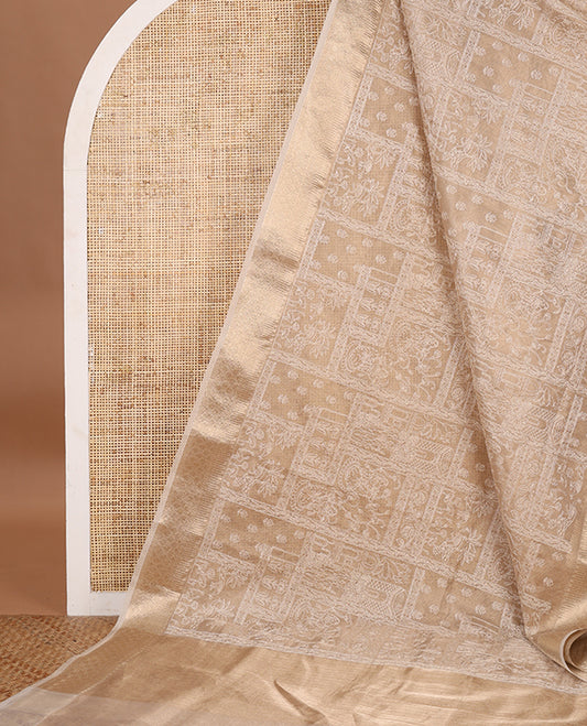 Cream thread embroidery tissue silk saree with jacquard border and lining pallu along with zari vertical lining pallu