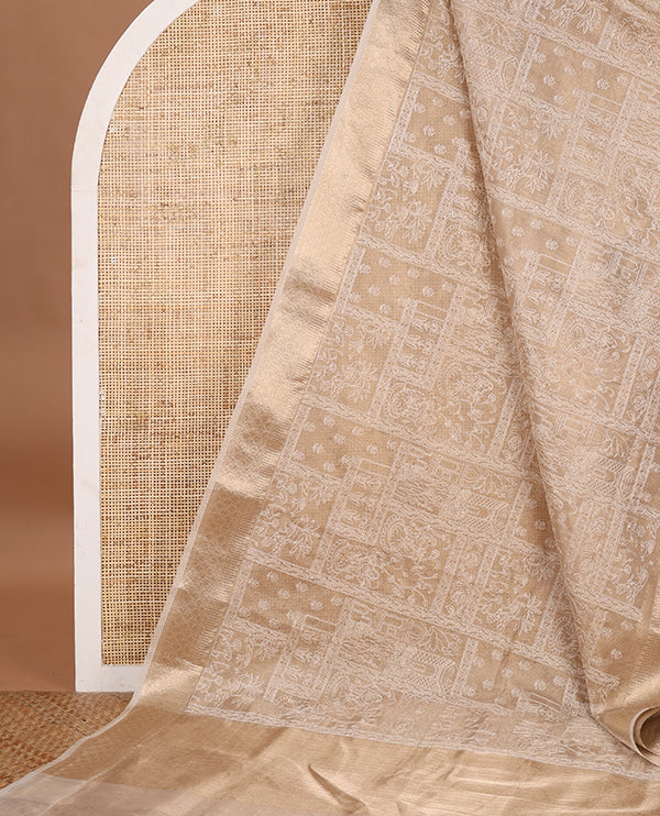 Cream thread embroidery tissue silk saree with jacquard border and lining pallu along with zari vertical lining pallu