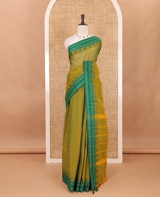 Mehendi green thread buttas Chettinad cotton saree, contrast temple striped thread border, striped pallu & plain blouse