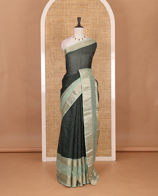 Green Checked saree with contrast zari border and contrast striped pallu along with contrast blouse