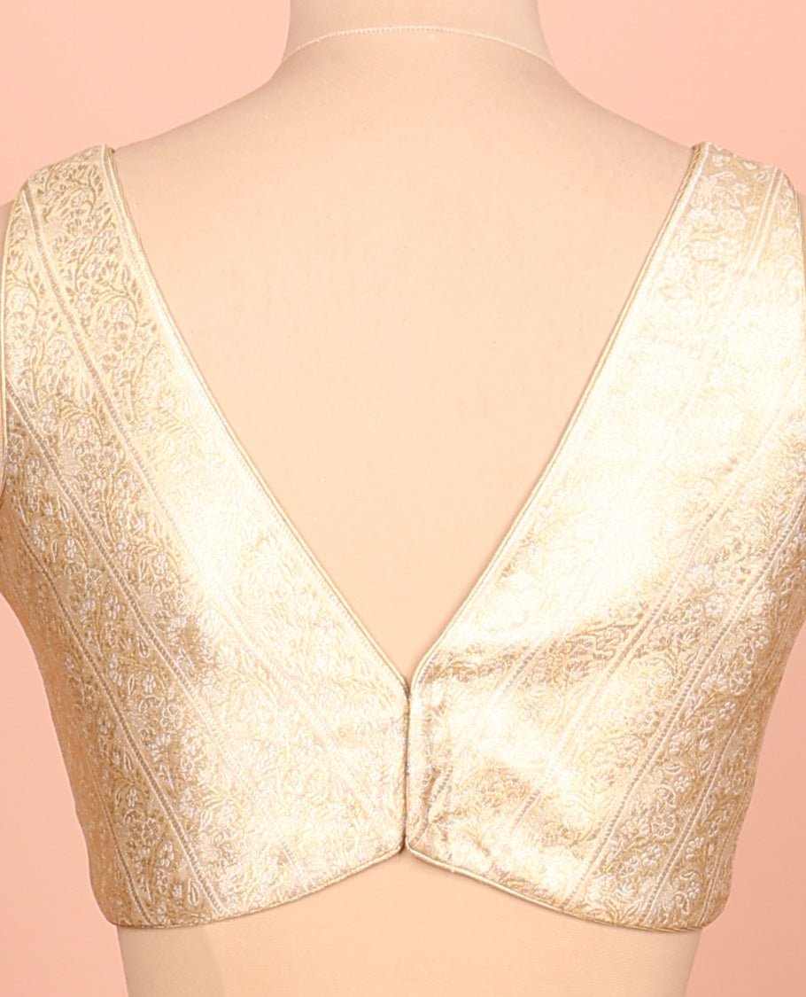 Gold floral brocade front-back deep V-neck sleeveless readymade blouse