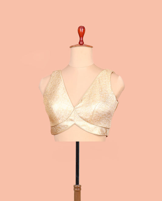 Gold floral brocade front-back deep V-neck sleeveless readymade blouse