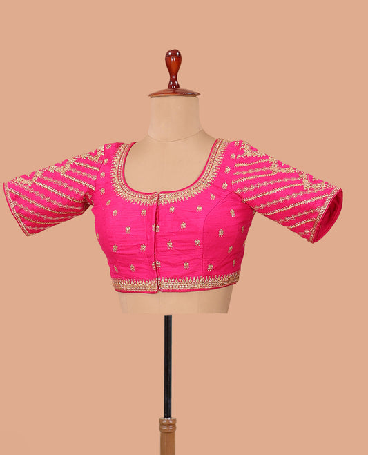 Pink intricate motifs thread embroidered front-back round neck elbow sleeve blouse