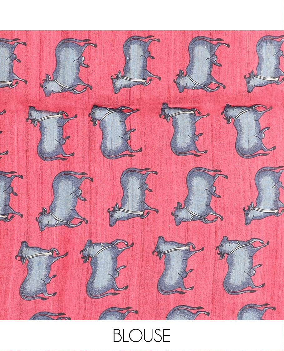 Grey striped and Pichwai cow and lotus printed tussar silk saree, striped border, and self-pallu