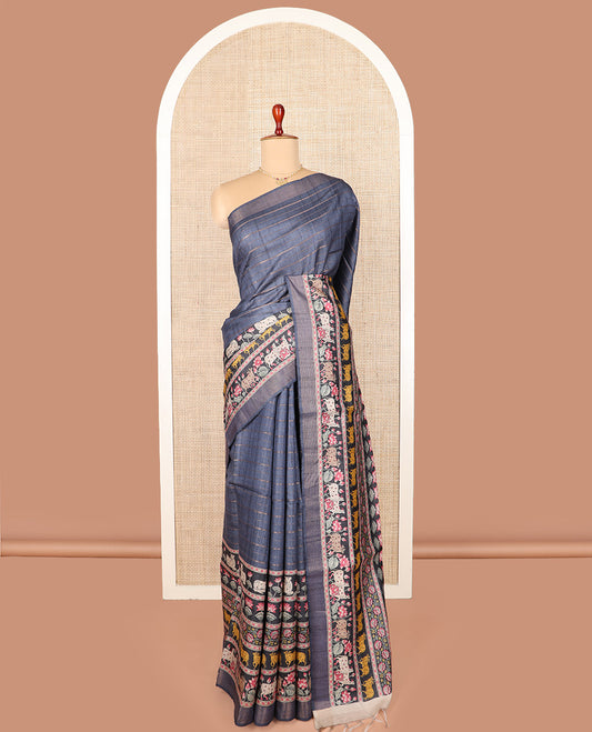 Grey striped and Pichwai cow and lotus printed tussar silk saree, striped border, and self-pallu