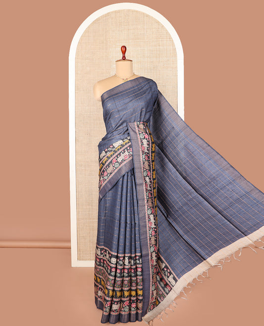 Grey striped and Pichwai cow and lotus printed tussar silk saree, striped border, and self-pallu