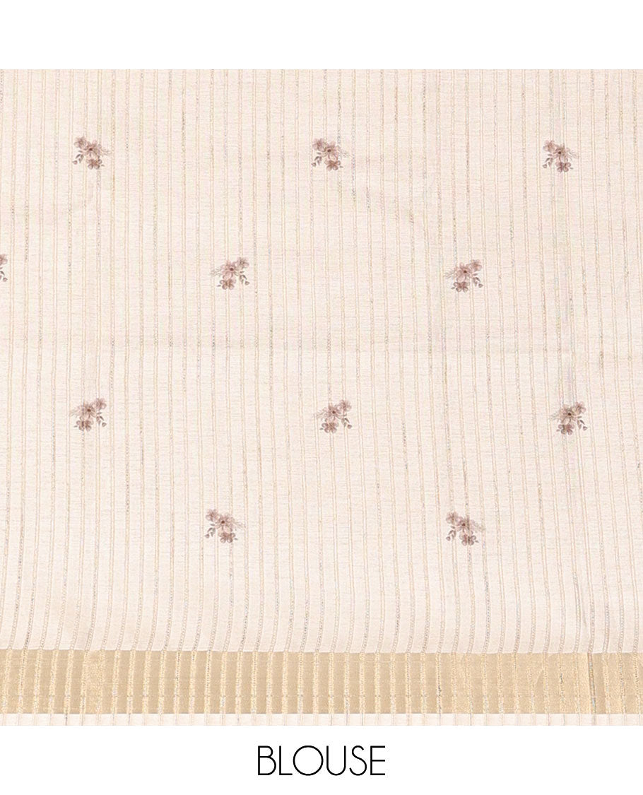 Cream Fancy Tussar Saree, Finely Detailed with Brownish Floral Motifs Printed on Its Body, Subtle Zari-Bavanji Border, Pallu Pictures Floral Print and Gleaming Zari Stripes, and Paired with a Matching Blouse
