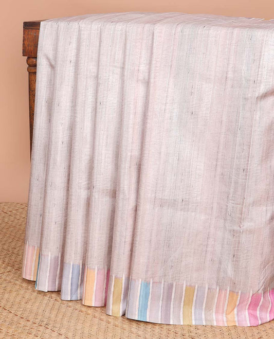 Off White semi-banaras tussar saree with contrast striped border & multi-colored striped pallu