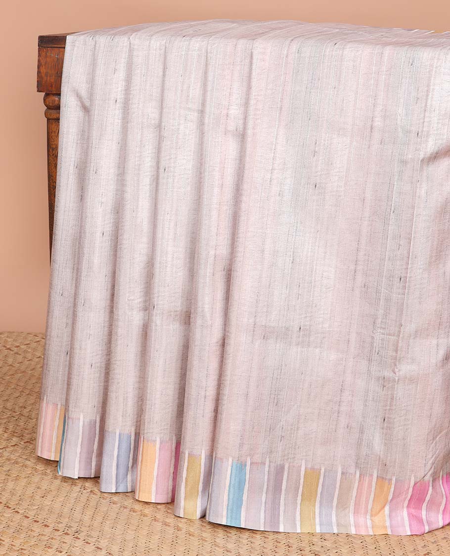 Off White semi-banaras tussar saree with contrast striped border & multi-colored striped pallu