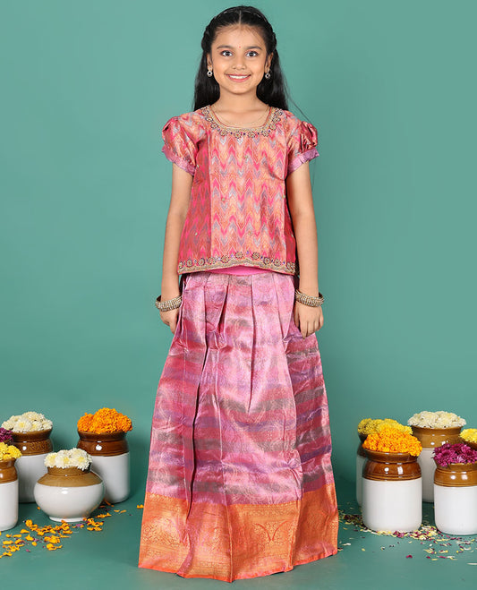 Pink readymade art silk pavadai, jacquard & contrast traditional border skirt & jacquard & embroidery round neck puff-sleeve blouse