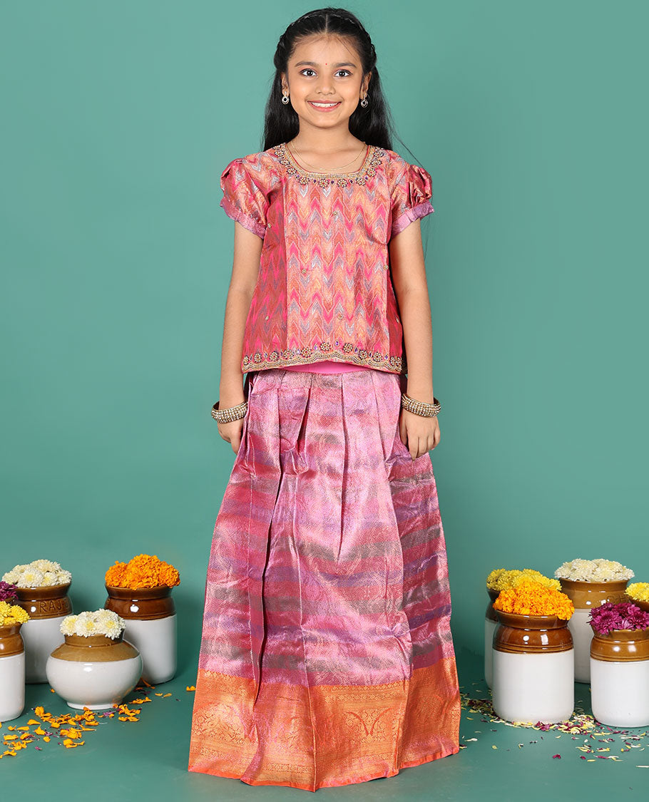 Pink readymade art silk pavadai, jacquard & contrast traditional border skirt & jacquard & embroidery round neck puff-sleeve blouse