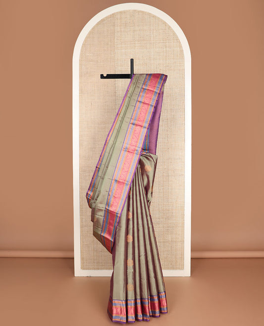 Green zari buttas vasundhara silk mix saree, contrast jaal pallu & border of thilakam,banaras,poun,neli & mayil