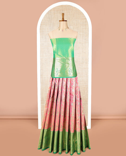Pink floral design art silk half saree with contrast intricate zari design border, zari design blouse & floral design dhavani
