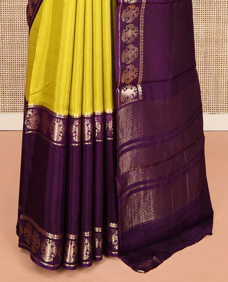 Mustard Plain Dola Silk Saree, Complemented by Contrast Rettai Pettu Ganda Berunda Motifs, Zari Border, Gleaming Zari Striped Pallu, and Paired with a Contrast Blouse