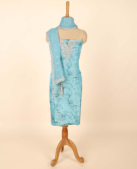 Blue material chudidhar set, floral print & embroidered top, plain bottom & embroidered dupatta