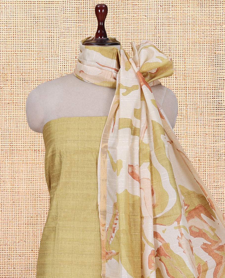 Yellow Semi-Bhagalpur Cotton Material Churidar Features Plain Top, a Santoon Bottom, and Contrast Abstract Printed Dupatta