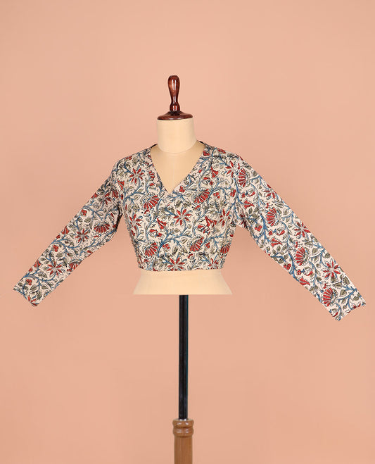 Off-White Readymade Blouse Richly Printed with Floral Motifs, Featuring a Front V-Neck, a Back Closed Neck, and Full Sleeves