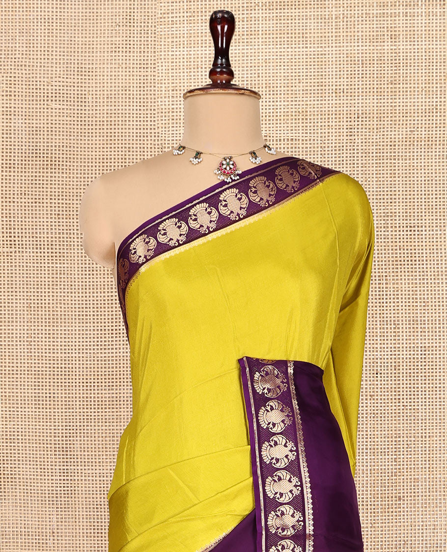 Mustard Plain Dola Silk Saree, Complemented by Contrast Rettai Pettu Ganda Berunda Motifs, Zari Border, Gleaming Zari Striped Pallu, and Paired with a Contrast Blouse