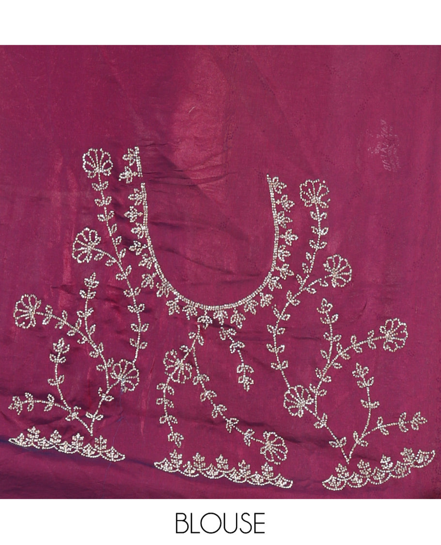 Violet Fendy Chiffon Saree, Highlighted by Swarovski Stone Work All Over the Body, Gleaming Swarovski Stone Work Border, a Self-Pallu, and Paired with a Fancy Designer Blouse