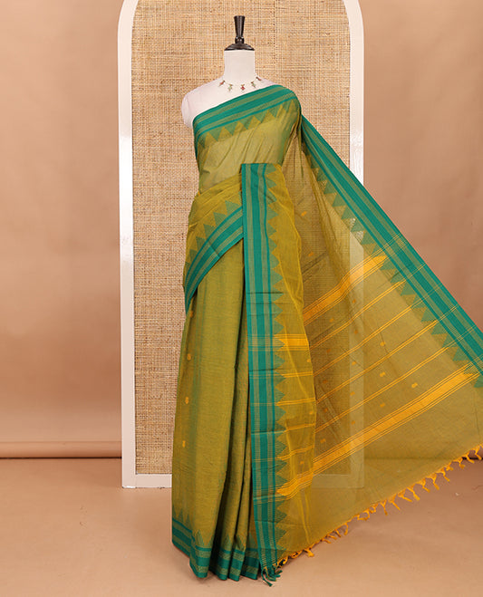 Mehendi green thread buttas Chettinad cotton saree, contrast temple striped thread border, striped pallu & plain blouse