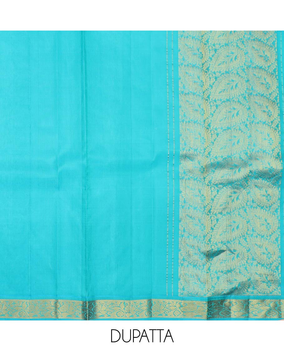 Orange pure-silk half-saree, buttas with a contrast mayil chakram bordered skirt, contrast blouse, and a leaf jaal dhavani