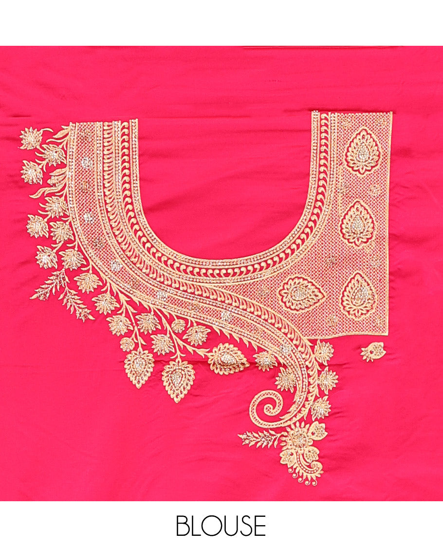 Red Banarasi Satin Saree, Spotlighted with Floral Buttas, a Floral Creeper Border, Intricate Stonework Pallu, and a Matching Blouse