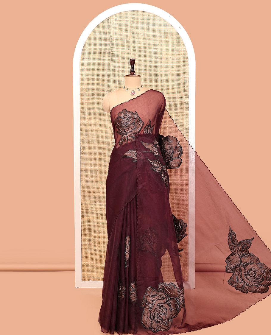 Purple Turkey Organza Saree Features Rose Floral Applique Embroidery, a Scallop Border, Matching Blouse