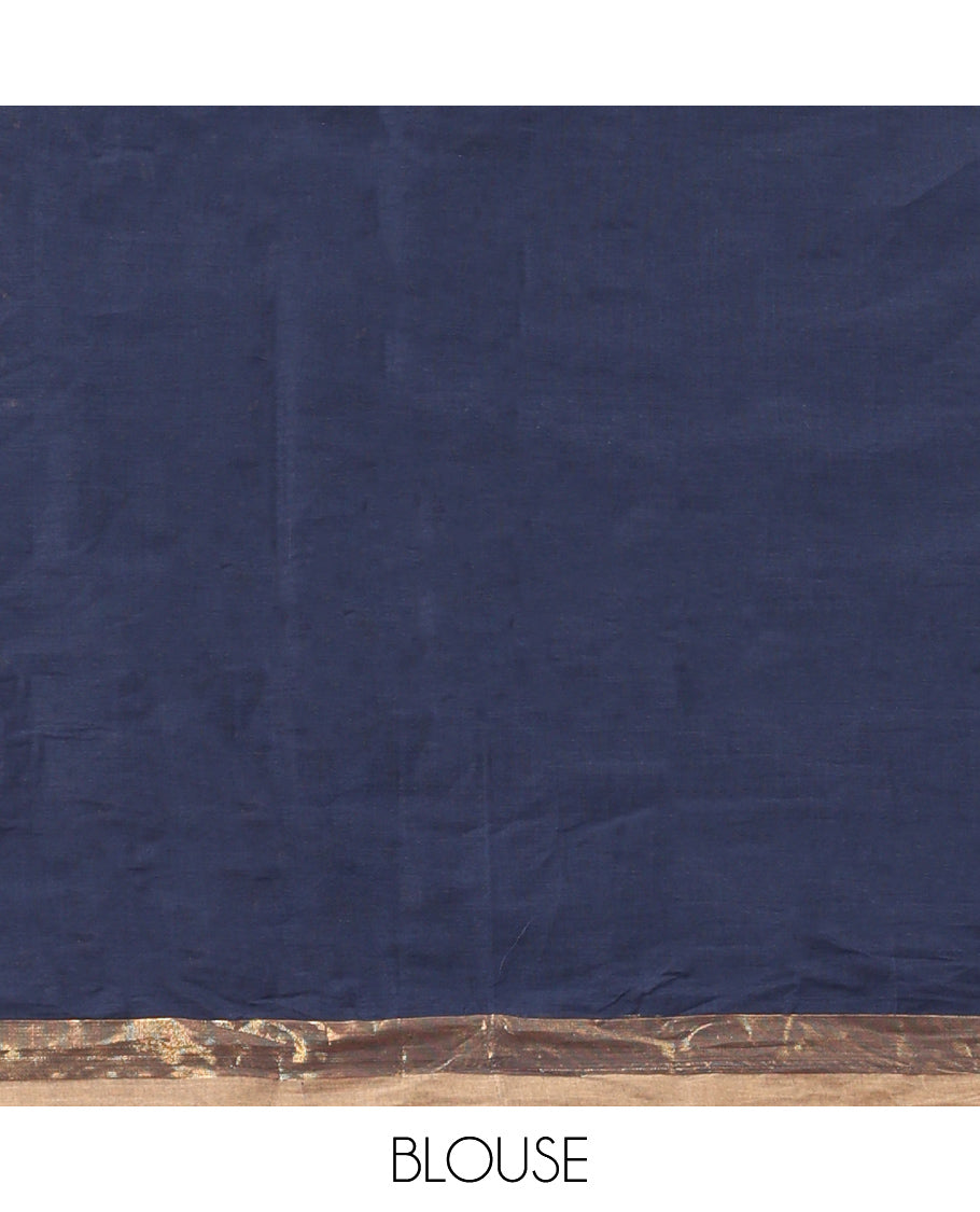Navy Blue Kanchi Cotton Saree, Woven with Thread Buttas, a Contrast Border, Pallu of Intricate Design, and a Matching Blouse