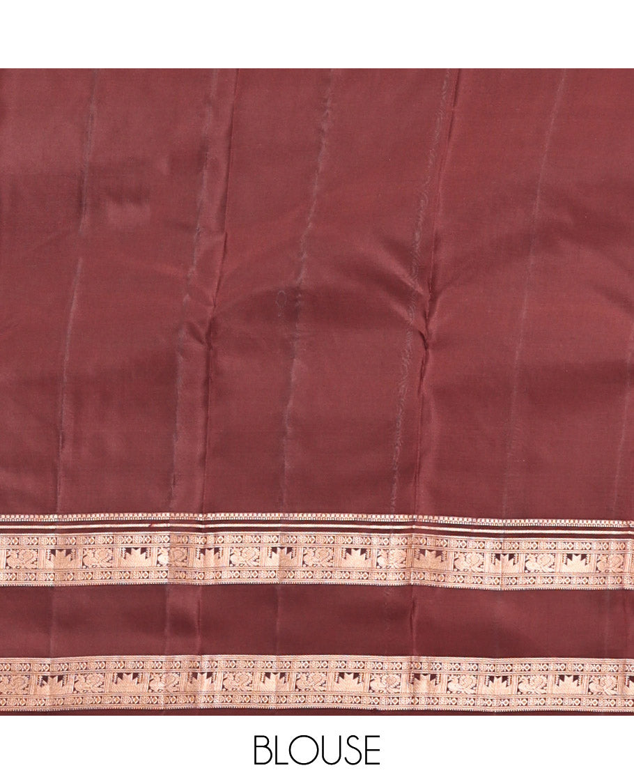 Maroon Kanchipuram Silk Saree, Detailed with Buttas and Checks, a Zari Rettai Pettu Border of Thazampoo Rekku, and Mayil Designs, Grand Pallu, and a Matching Blouse