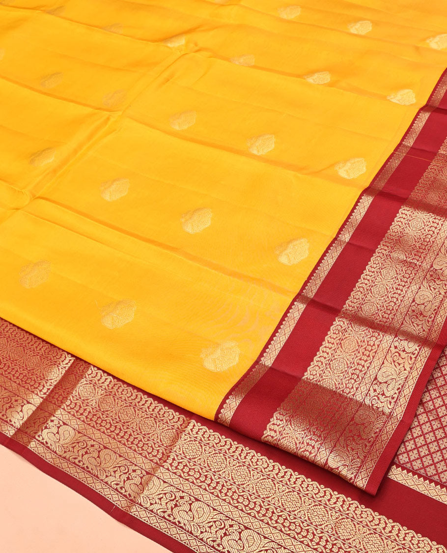 Yellow Vasundhara Lite Silk Mix Saree, Subtly Woven with Iruthalai Pakshi Buttas All Over Its Body, Complemented by Contrast Rettai Pettu Border of Rekku, Diamond, Neli, Laddu Kamalam, and Mayil Designs, Grand Jaal Pallu and Paired with a Contrast Blouse
