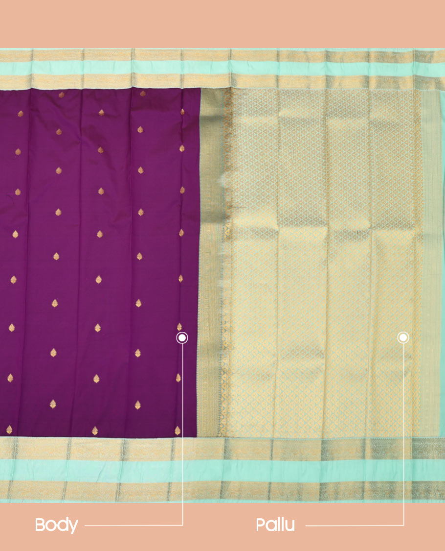 Purple Budget Silk Saree, Spotlighted with Zari Buttas All Over Its Body, Complemented by Contrast Traditional Zari Designs Woven Rettai Pettu Border, Grand Pallu and Paired with a Contrast Blouse