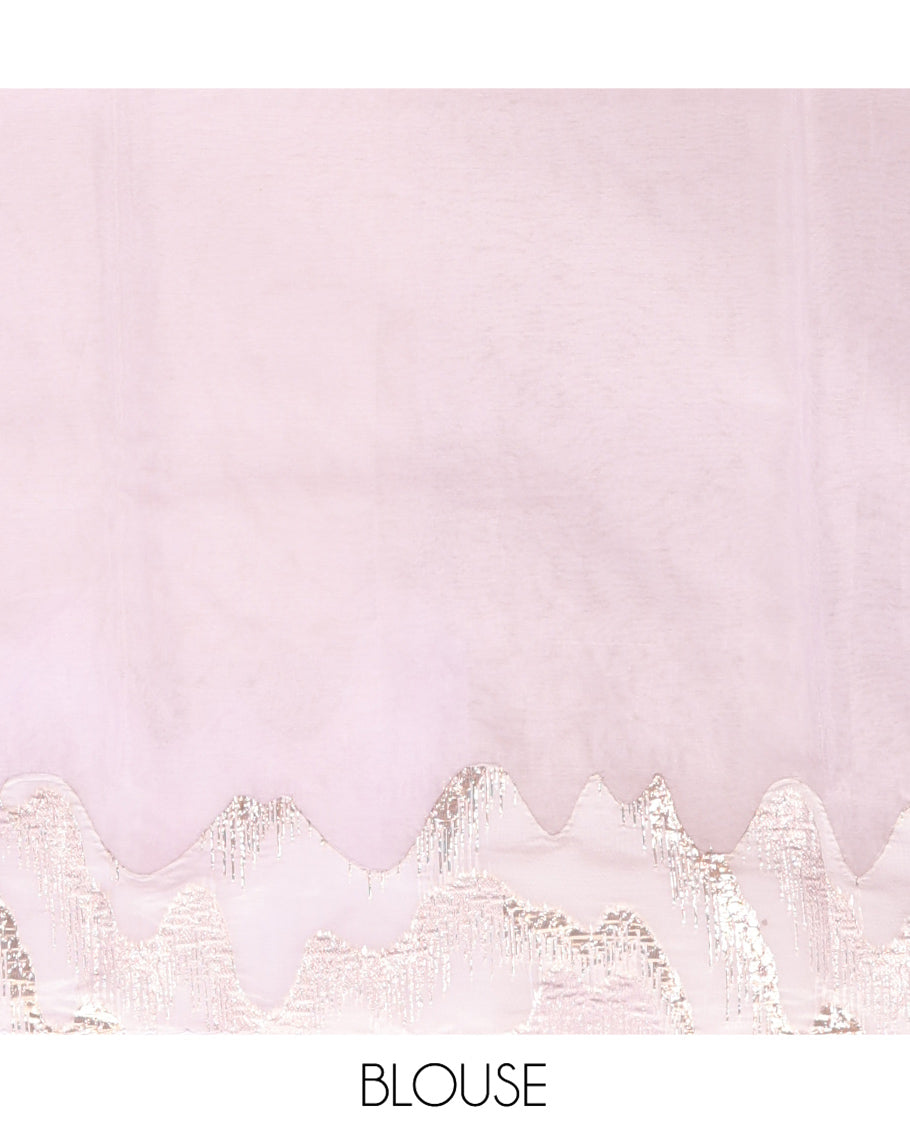 Pale Lavender Plain Organza Saree, Gleamed Up with Golden-Foil Floral Embroidery Border and a Matching Blouse