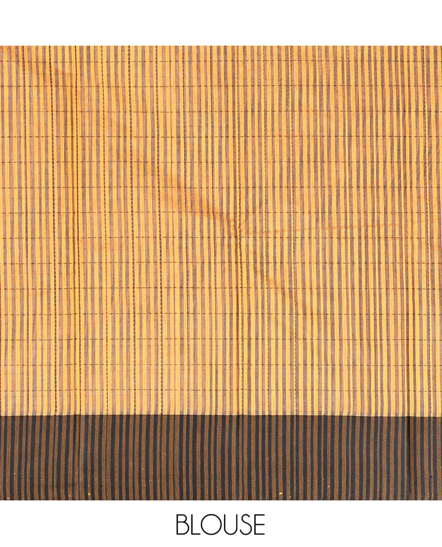 Yellow Semi-Silk Cotton Saree, Sparsely Threaded with Checks All Over Its Body, Complemented by a Contrast Border, Striped Pallu, and Paired with a Matching Blouse