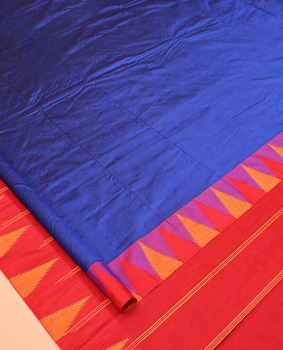 Blue Plain Bangalore Silk Saree, Complemented by a Contrast Temple Border, Pallu of Stripes, and a Contrast Blouse
