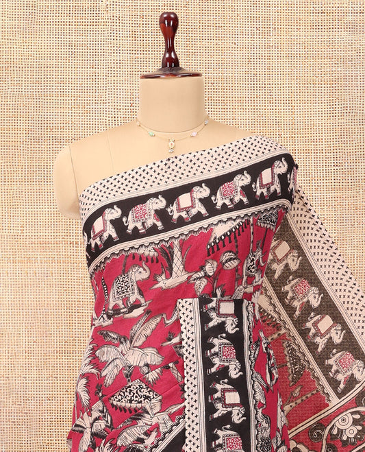 Red Kalamkari Cotton Saree, Graced with Floral Vine Print, Contrast Printed Border, Pallu of Kalamkari Peacock-Animal Motifs , and a Contrast Blouse