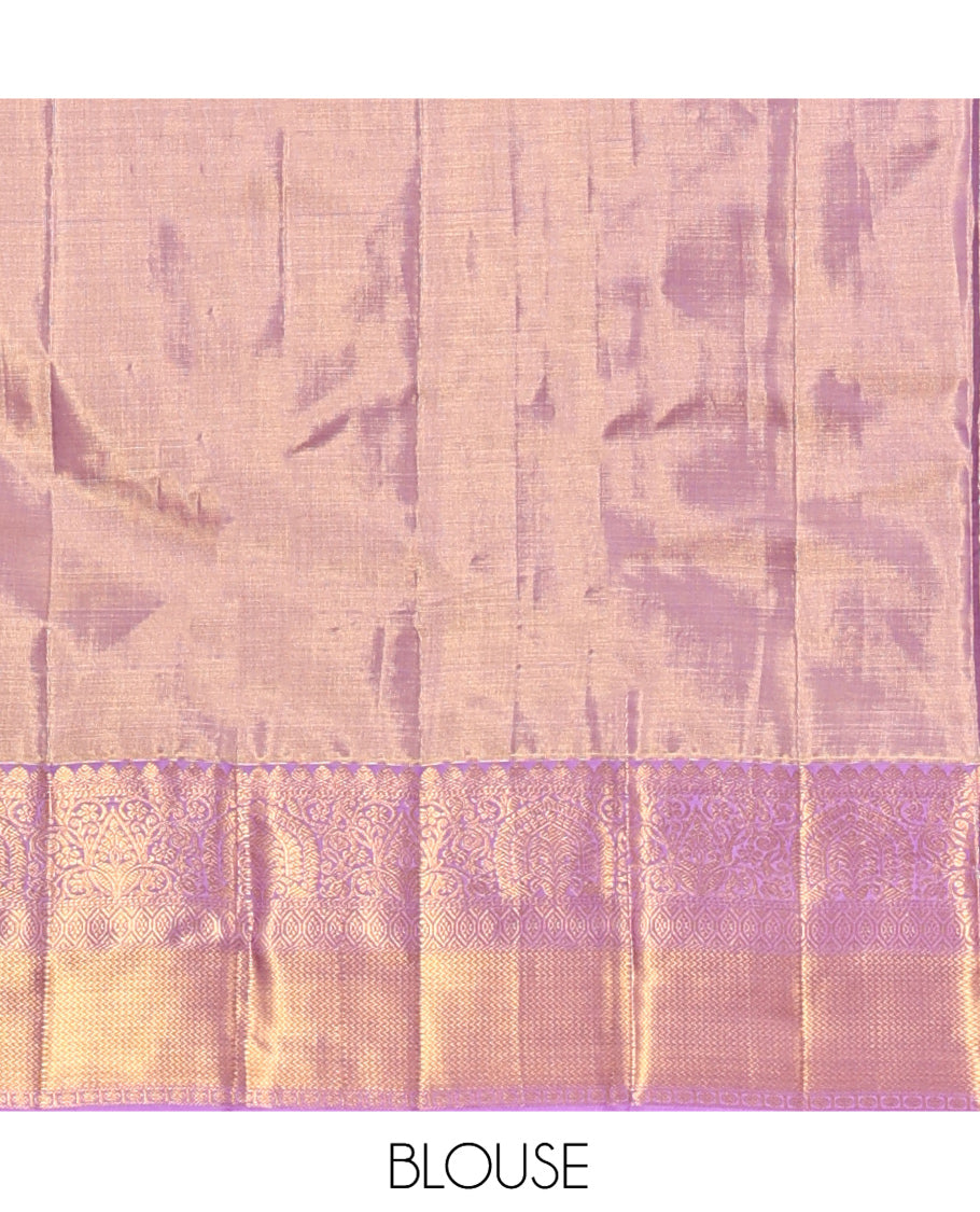 Lavender Kanchipuram Tissue Silk Saree, Elegantly Highlighted with Jacquard Design, Complemented by Contrast Border of Thilakam Mokku, and Vanki Designs, Grand Pallu, and Matching Blouse
