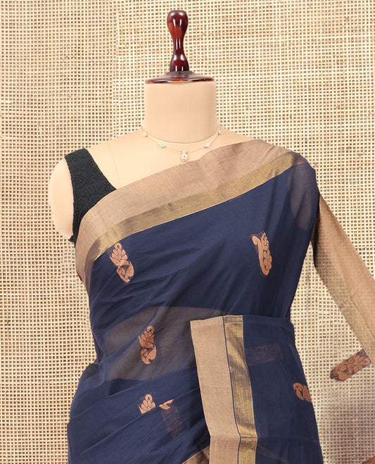 Navy Blue Kanchi Cotton Saree, Woven with Thread Buttas, a Contrast Border, Pallu of Intricate Design, and a Matching Blouse