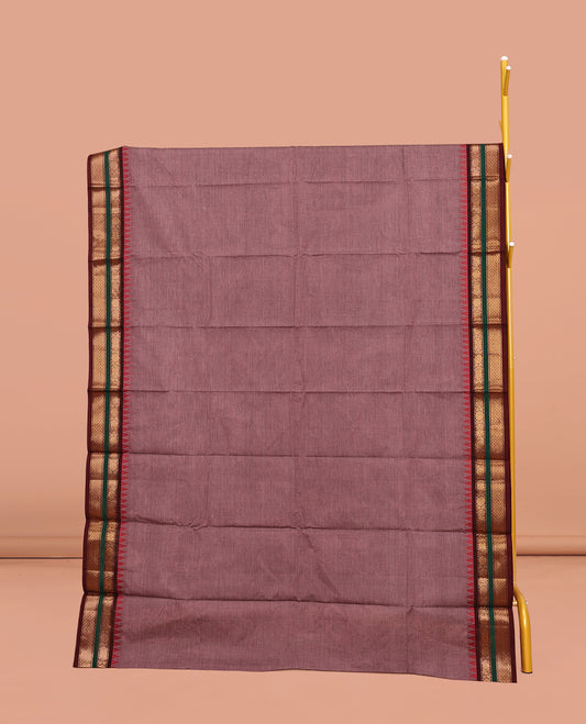 Brown Plain Chettinad Cotton Saree, Complemented by a Contrast Traditional Zari Design Border, Gleaming Zari Striped Pallu, and Paired with a Matching Blouse