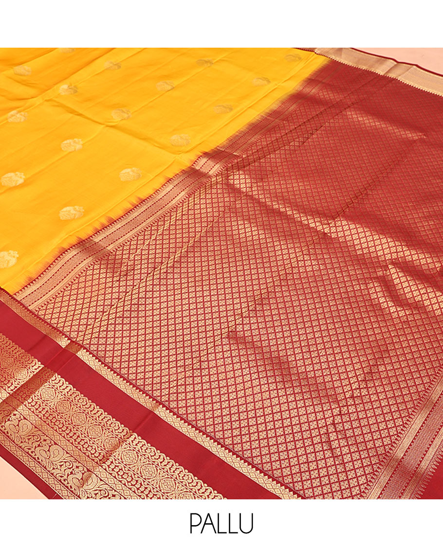 Yellow Vasundhara Lite Silk Mix Saree, Subtly Woven with Iruthalai Pakshi Buttas All Over Its Body, Complemented by Contrast Rettai Pettu Border of Rekku, Diamond, Neli, Laddu Kamalam, and Mayil Designs, Grand Jaal Pallu and Paired with a Contrast Blouse