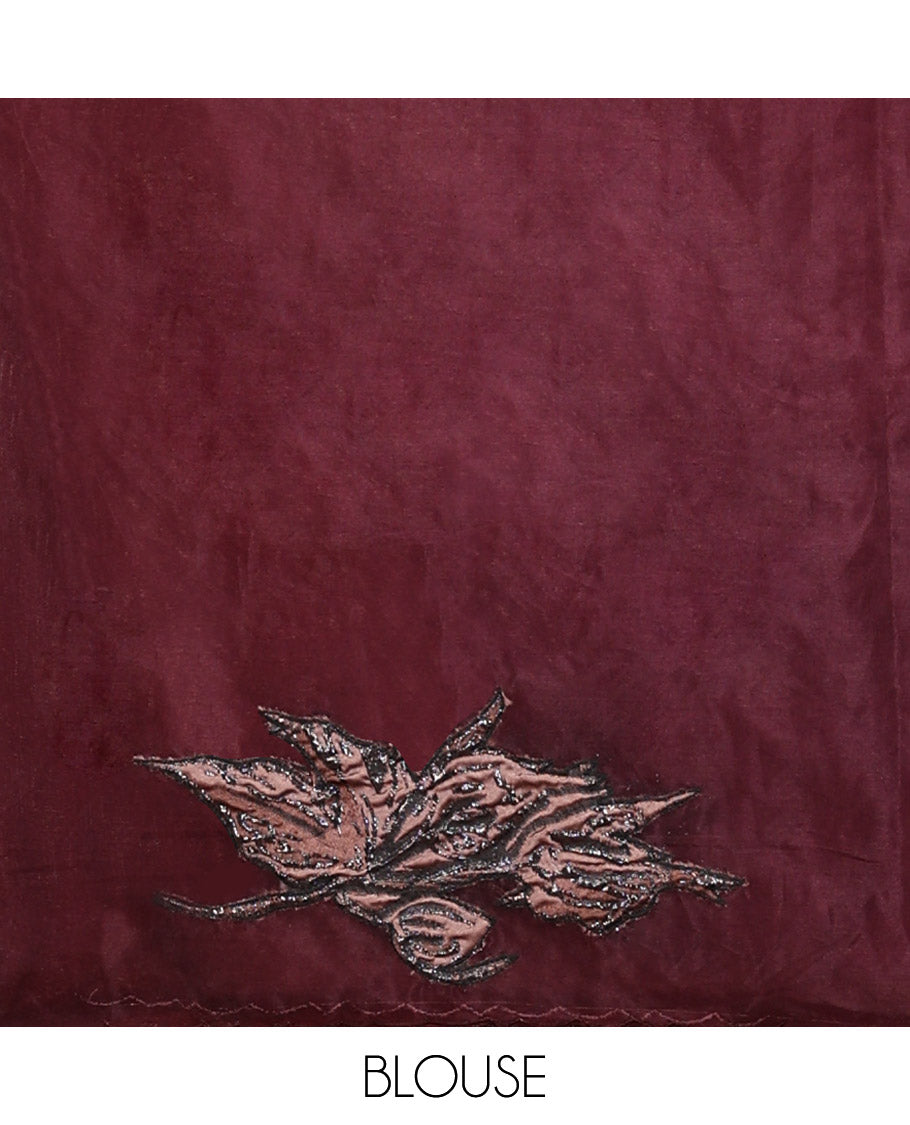 Purple Turkey Organza Saree Features Rose Floral Applique Embroidery, a Scallop Border, Matching Blouse