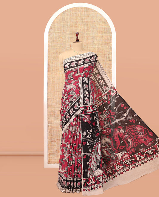 Red Kalamkari Cotton Saree, Graced with Floral Vine Print, Contrast Printed Border, Pallu of Kalamkari Peacock-Animal Motifs , and a Contrast Blouse