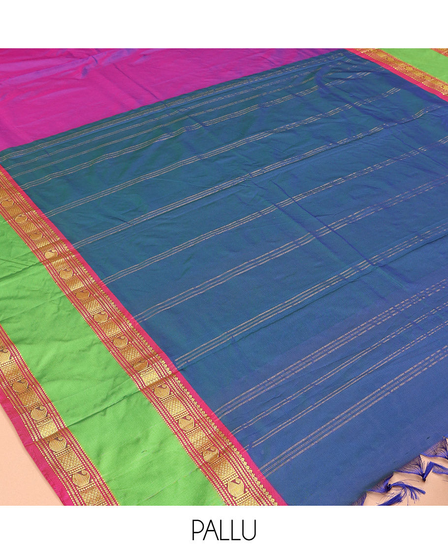 Purple Plain Ten Yard Saree, Complemented by a Contrast Rettai Pettu Traditional Zari Border, Contrast Pallu of Stripes, and No Blouse