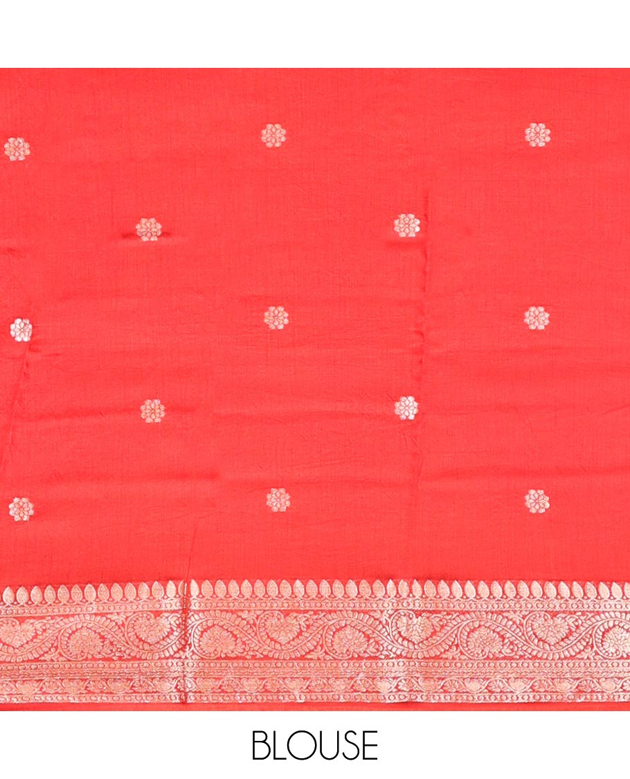 White Assam Silk Saree, Enthralled with Buttas, Complemented by Contrast Floral Design Border, Zari-Design Pallu, and a Contrast Blouse